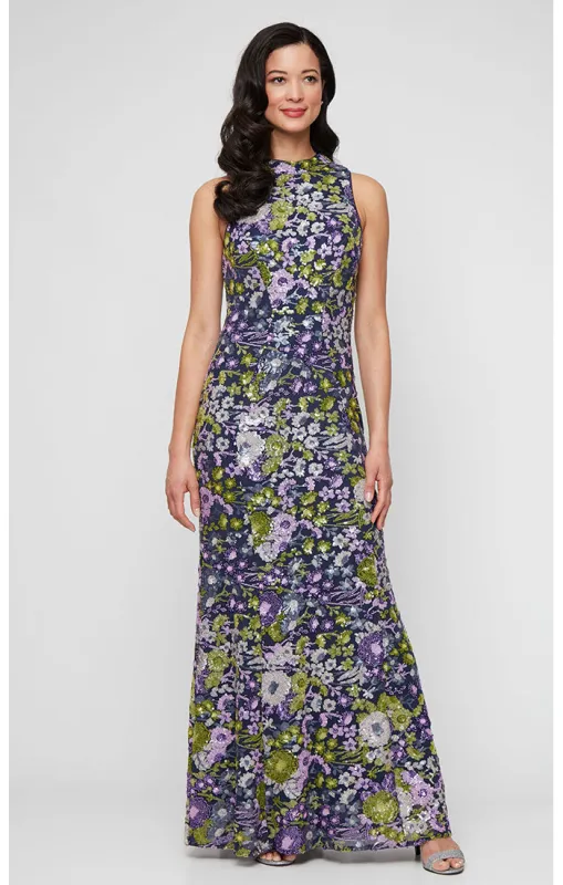 Long Sequin Mesh Sleeveless Dress sold by Alex Evenings