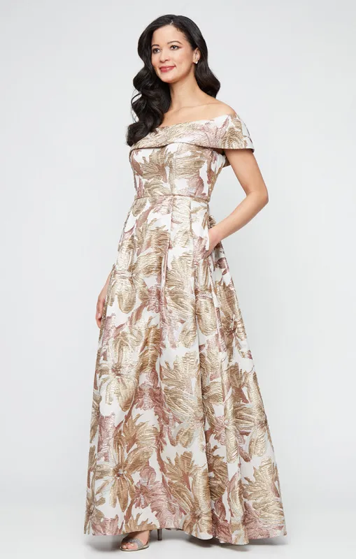Long Off the Shoulder Metallic Floral Printed Jacquard Ballgown sold by Alex Evenings