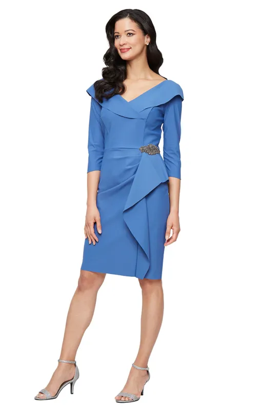 Short Compression Sheath Dress with Portrait Collar Neckline, Beaded Hip Detail and Cascade Skirt sold by Alex Evenings
