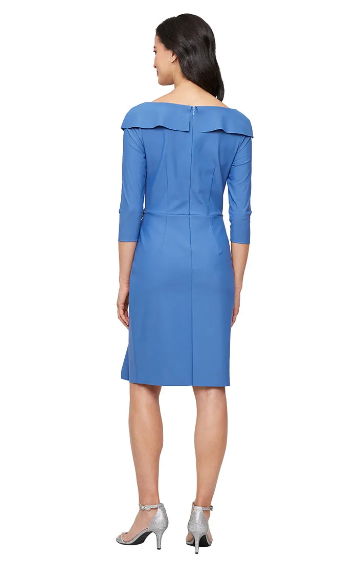 Short Compression Sheath Dress with Portrait Collar Neckline, Beaded Hip Detail and Cascade Skirt sold by Alex Evenings product image thumbnail 2