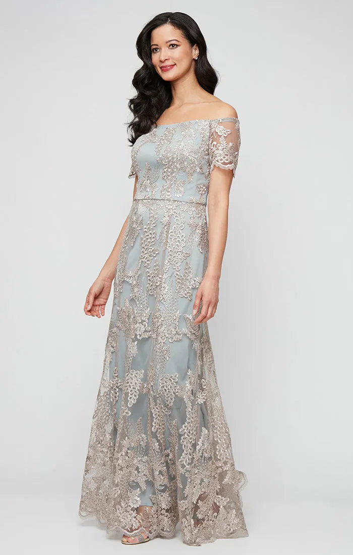 Regular - Embroidered Tulle Off the Shoulder Dress with Scallop Detail sold by Alex Evenings