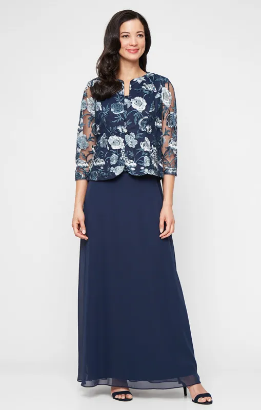Regular - Embroidered Tulle Mock Jacket Dress with Scoop Neckline and Chiffon Skirt sold by Alex Evenings