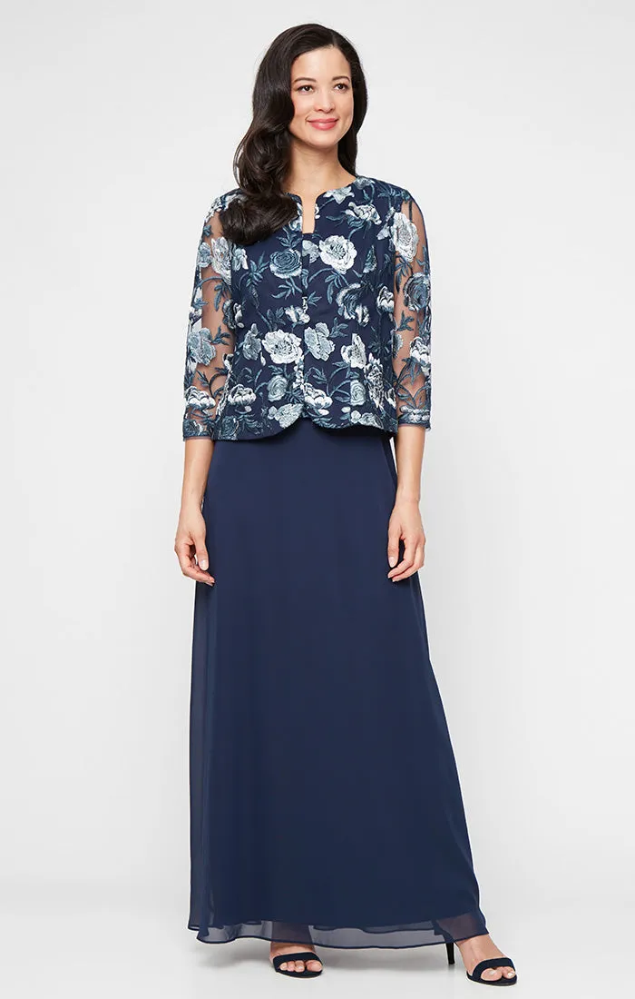Regular - Embroidered Tulle Mock Jacket Dress with Scoop Neckline and Chiffon Skirt sold by Alex Evenings