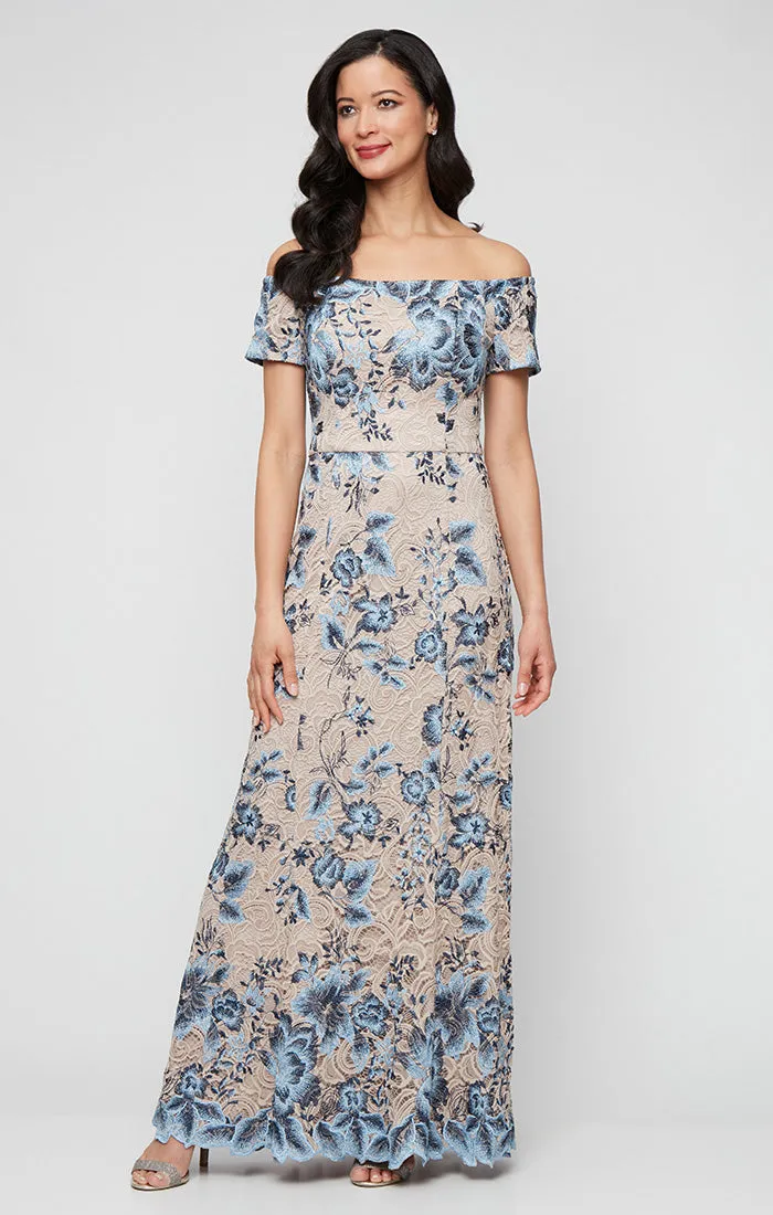 Regular - Long Floral Embroidered Lace Off the Shoulder Dress sold by Alex Evenings