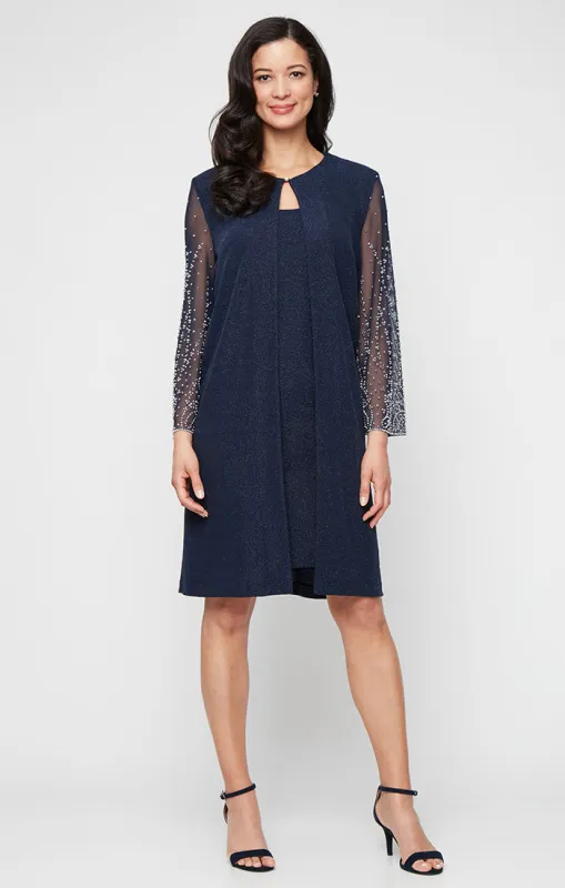 Plus - Metallic Knit Jacket Dress with Heat Set Illusion Sleeves and Elongated Jacket sold by Alex Evenings