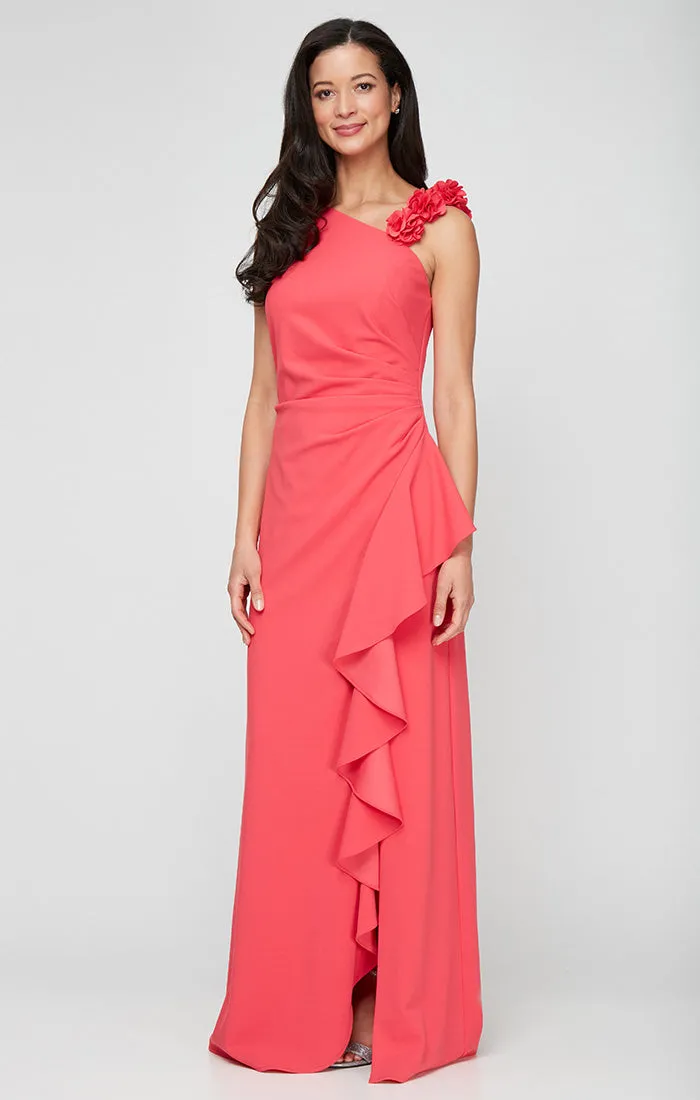 Regular - Stretch Crepe Dress with Flower Strap Detail and Cascade Skirt sold by Alex Evenings