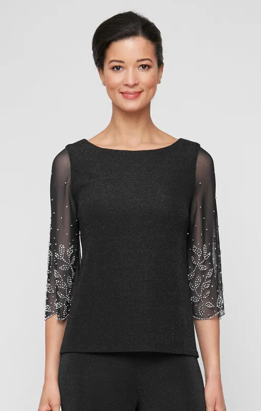 Plus 3/4 Sleeve Metallic Knit Blouse With Illusion Heat Set Sleeves sold by Alex Evenings
