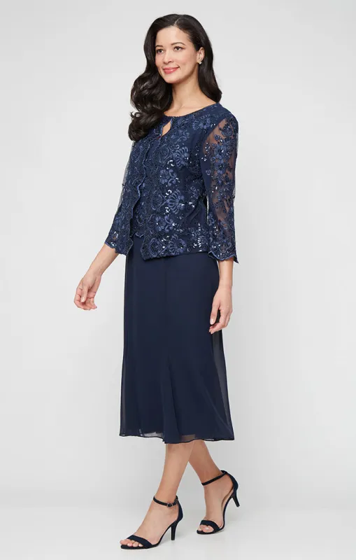 Plus - Jacket Dress with Hook Neck Closure Attached Jacket and Chiffon Skirt sold by Alex Evenings