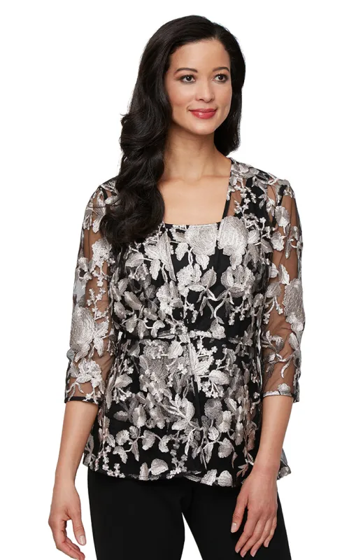 Plus 3/4 Sleeve Embroidered Tulle Twinset with Scoop Neck Tank and Elongated Center Front Closure Jacket sold by Alex Evenings