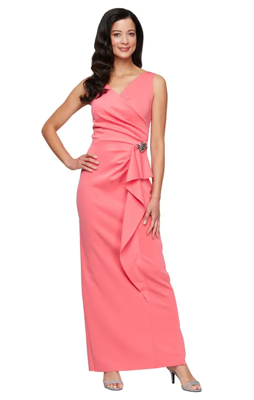 Regular - Long Side Ruched Stretch Scuba Crepe Dress with Surplice Neckline, Cascade Ruffle Skirt and Beaded Detail at Hip made by Alex Evenings