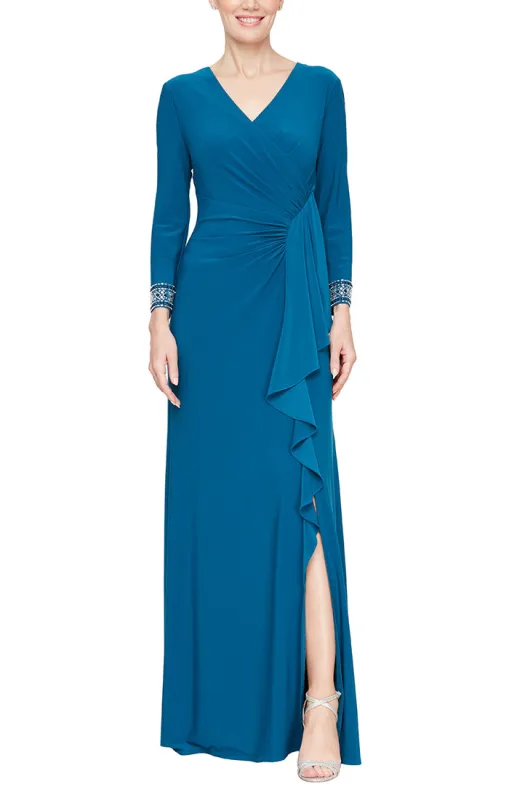 Regular - Long Surplice Neck Dress with Cascade Detail Skirt and Embellished Cuffs sold by Alex Evenings