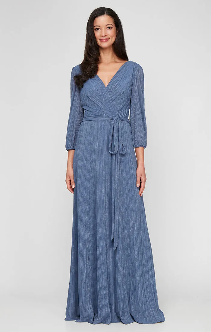 Regular - Long Micro Pleated Foil Mesh Dress with Surplice Neckline, Bubble Hem Sleeves and Tie Waist sold by Alex Evenings