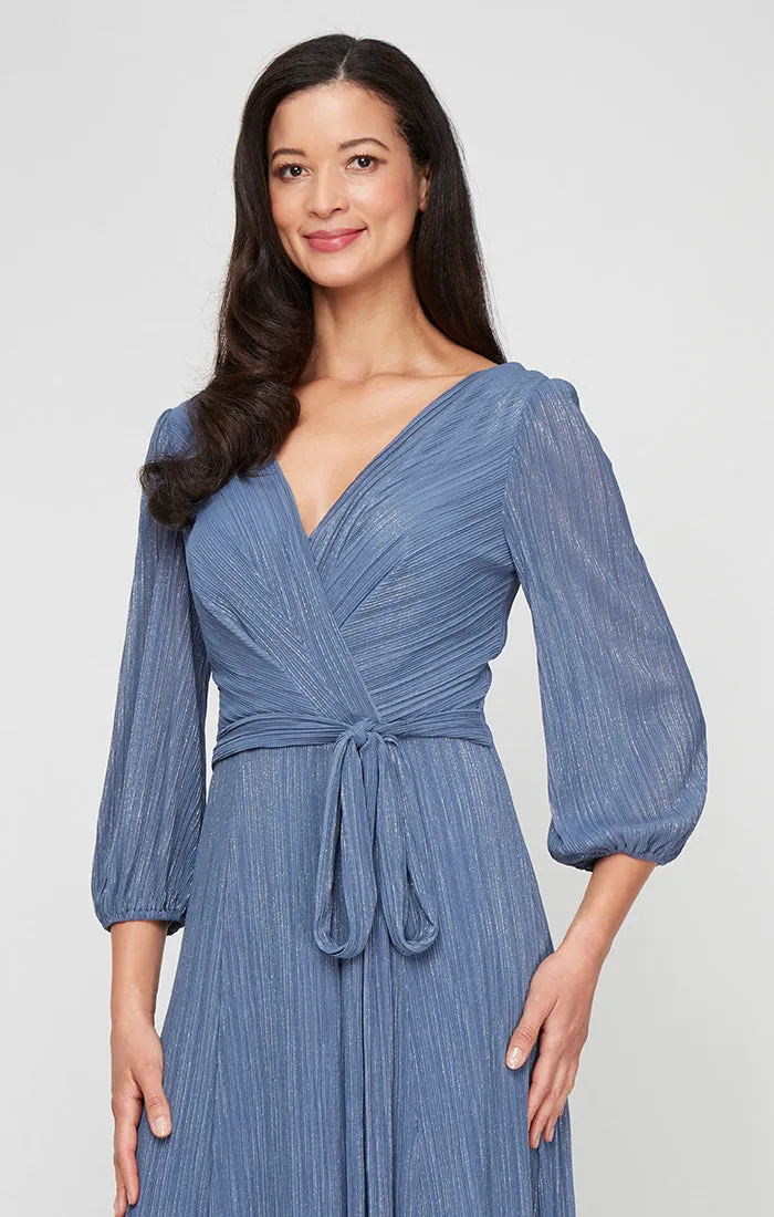 Regular - Long Micro Pleated Foil Mesh Dress with Surplice Neckline, Bubble Hem Sleeves and Tie Waist sold by Alex Evenings product image thumbnail 3
