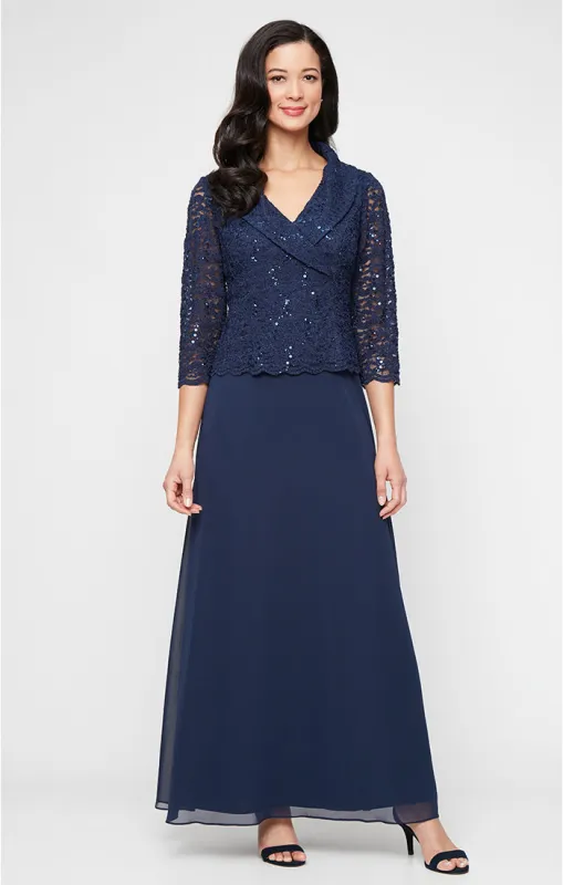 Plus Long Stretch Lace Mock Dress with Portrait Collar Neckline and Chiffon Skirt sold by Alex Evenings