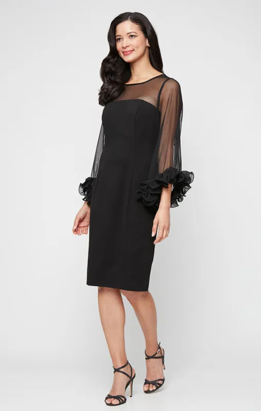 Petite Short Stretch Crepe Sheath Dress with Illusion Neckline and Ruffle Sleeve Detail sold by Alex Evenings
