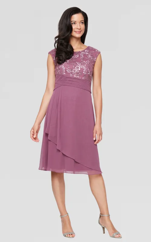 Petite - Embroidered Empire Waist Dress with V-Neckline, Ruched Waist, Mesh Skirt and Cap Sleeves made by Alex Evenings
