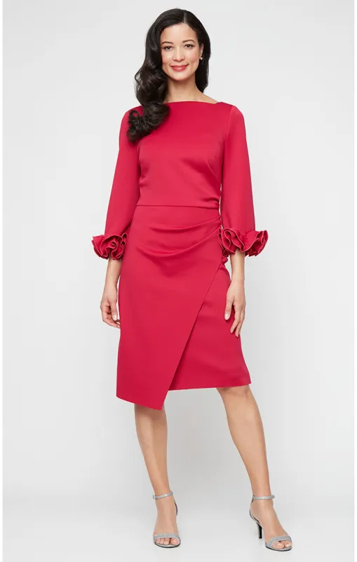 Short Stretch Crepe Sheath Dress with Boat Neckline and Ruffle Sleeve Detail sold by Alex Evenings