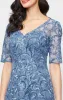 Midi Embroidered Tulle V-Neck Dress with Illusion Elbow Sleeves and A-Line Skirt sold by Alex Evenings