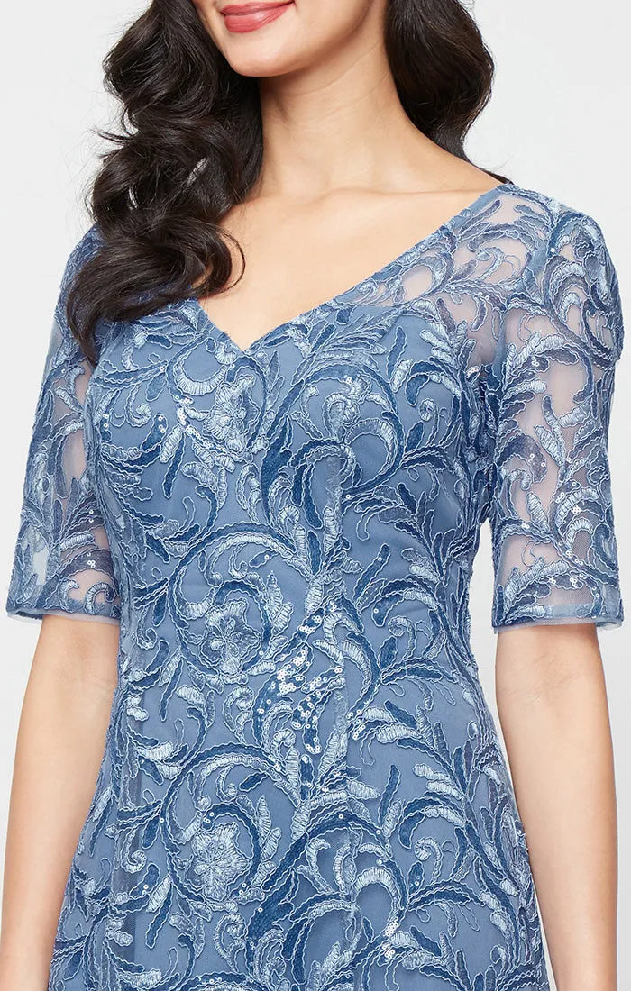 Regular - Midi Embroidered Tulle V-Neck Dress with Illusion Elbow Sleeves and A-Line Skirt sold by Alex Evenings product image thumbnail 3