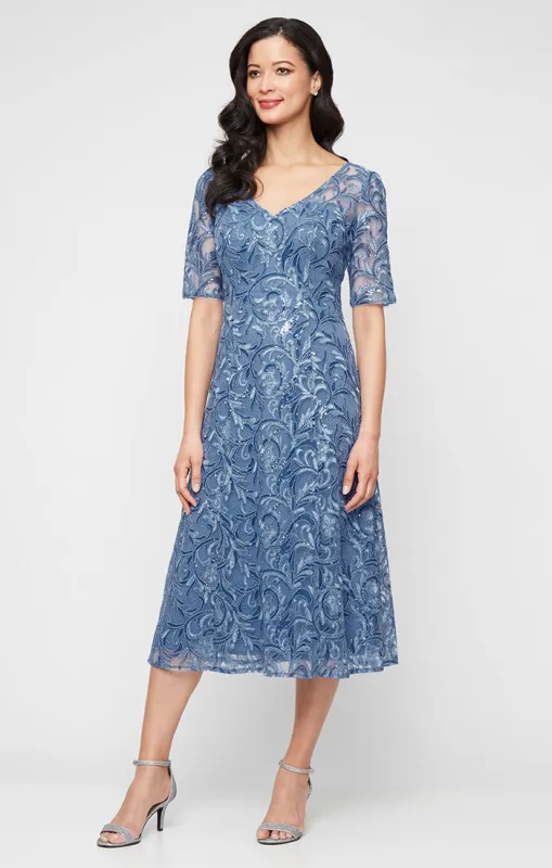 Midi Embroidered Tulle V-Neck Dress with Illusion Elbow Sleeves and A-Line Skirt sold by Alex Evenings