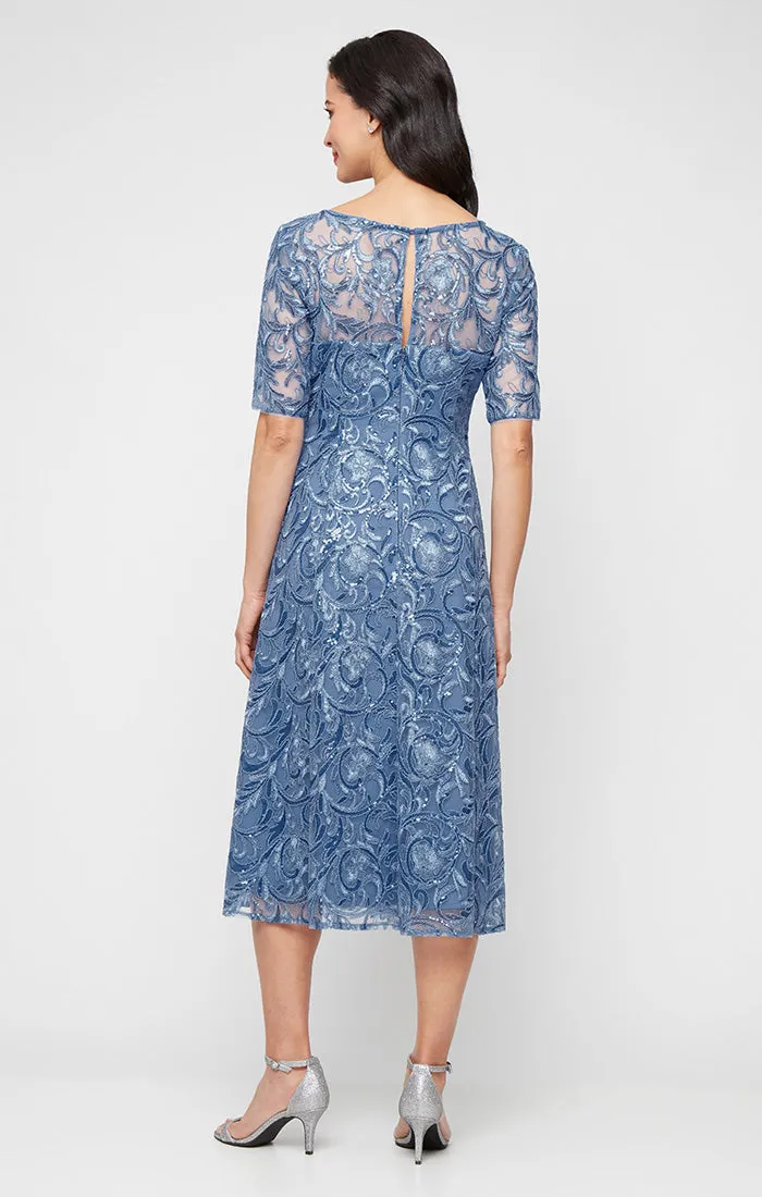 Regular - Midi Embroidered Tulle V-Neck Dress with Illusion Elbow Sleeves and A-Line Skirt sold by Alex Evenings product image thumbnail 2
