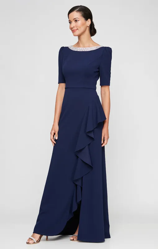 Petite Long Embellished Neck Dress with Elbow Sleeves and Cascade Detail Skirt sold by Alex Evenings