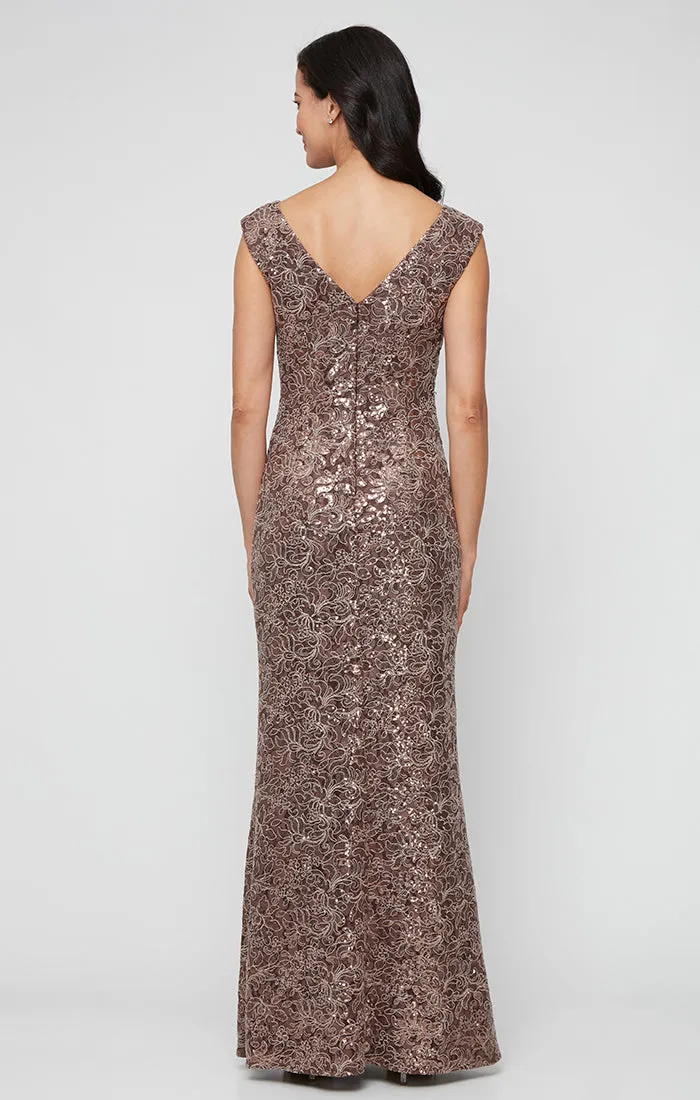 *Long Sleeveless Corded Lace Dress with with Cascade Ruffle Detail and Front Slit sold by Alex Evenings product image thumbnail 2