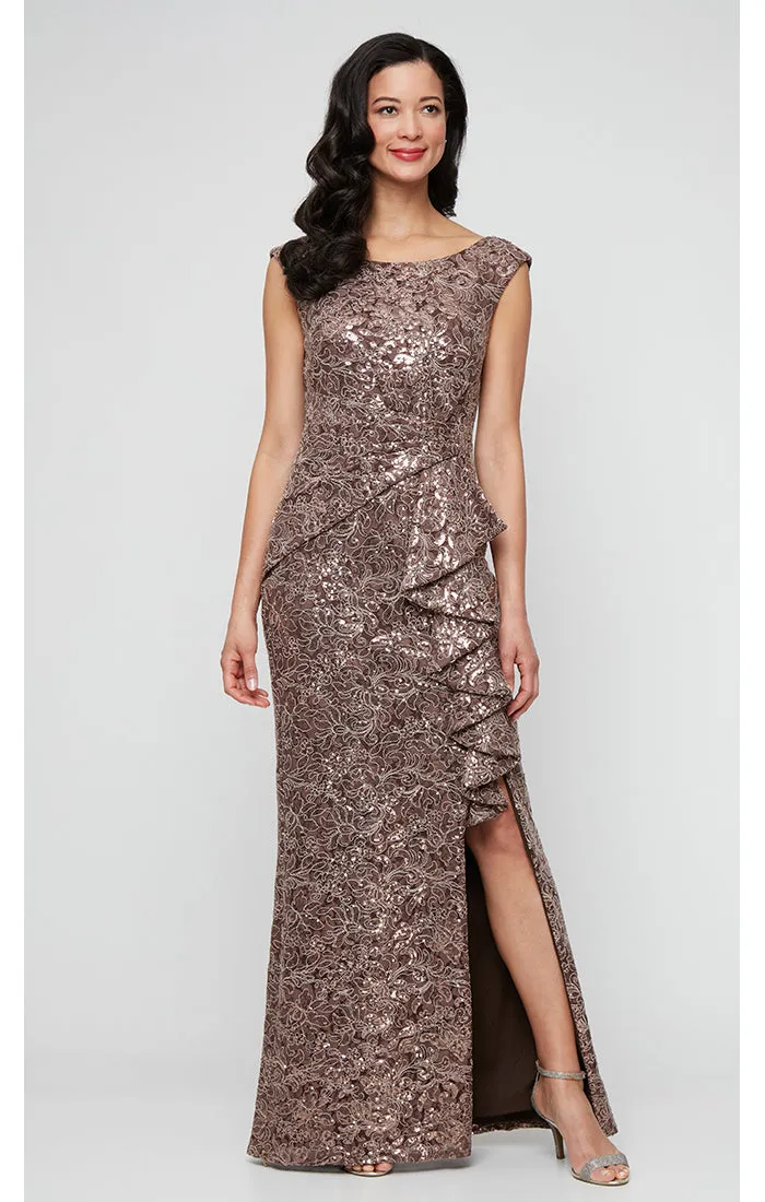*Long Sleeveless Corded Lace Dress with with Cascade Ruffle Detail and Front Slit sold by Alex Evenings