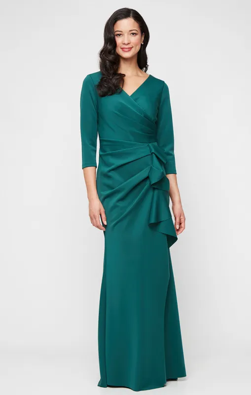 Petite Long Stretch Scuba Crepe Dress with Surplice Neckline and Gathered Cascade Detail Skirt sold by Alex Evenings