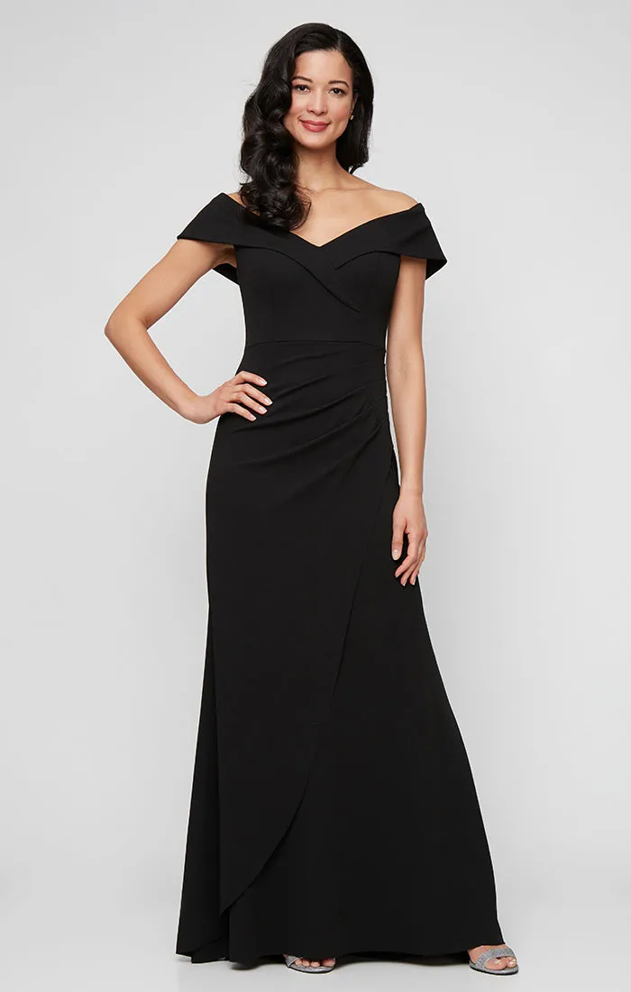 Petite Long Off the Shoulder Stretch Crepe Dress with Fishtail Back sold by Alex Evenings