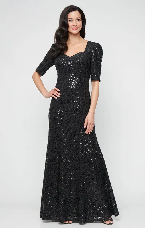 *Long Corded Lace Dress with Sweetheart Neckline and Elbow Sleeves sold by Alex Evenings