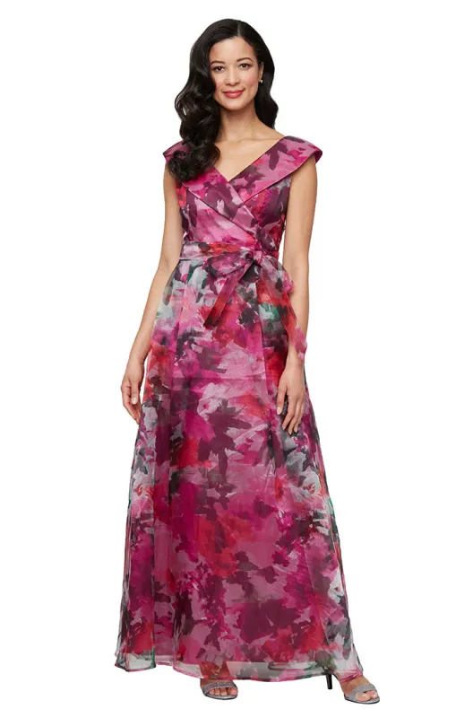 Long Sleeveless Printed Organza Ballgown with Portrait Collar Neckline and Tie Belt sold by Alex Evenings