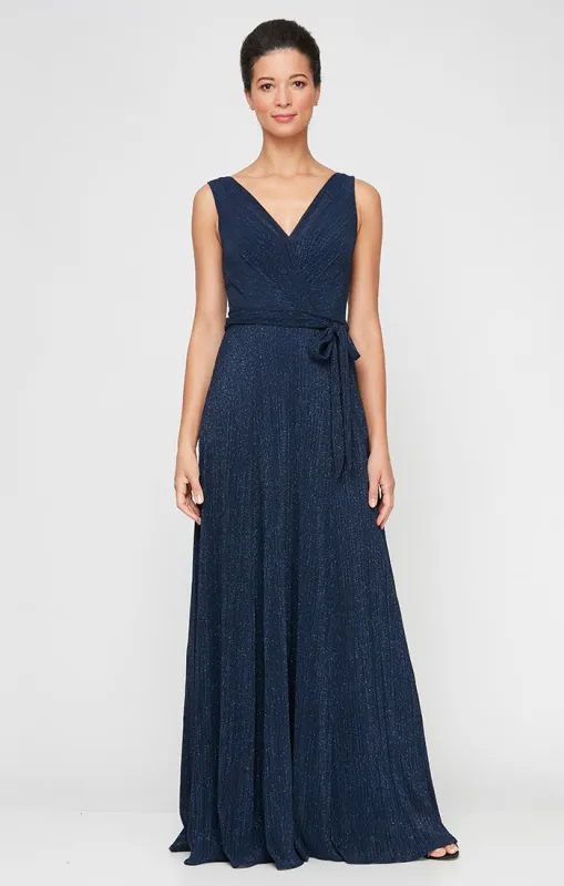Plus - Glitter Mesh Sleeveless Dress with A-Line Skirt & Tie Belt sold by Alex Evenings