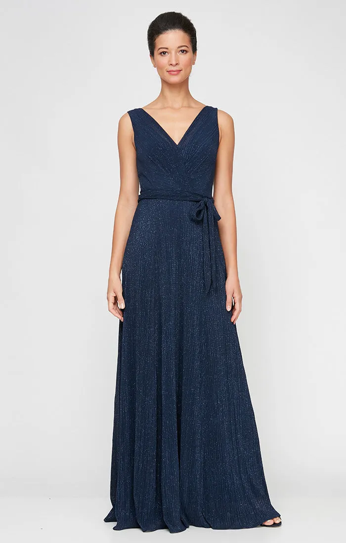 Plus - Glitter Mesh Sleeveless Dress with A-Line Skirt & Tie Belt sold by Alex Evenings