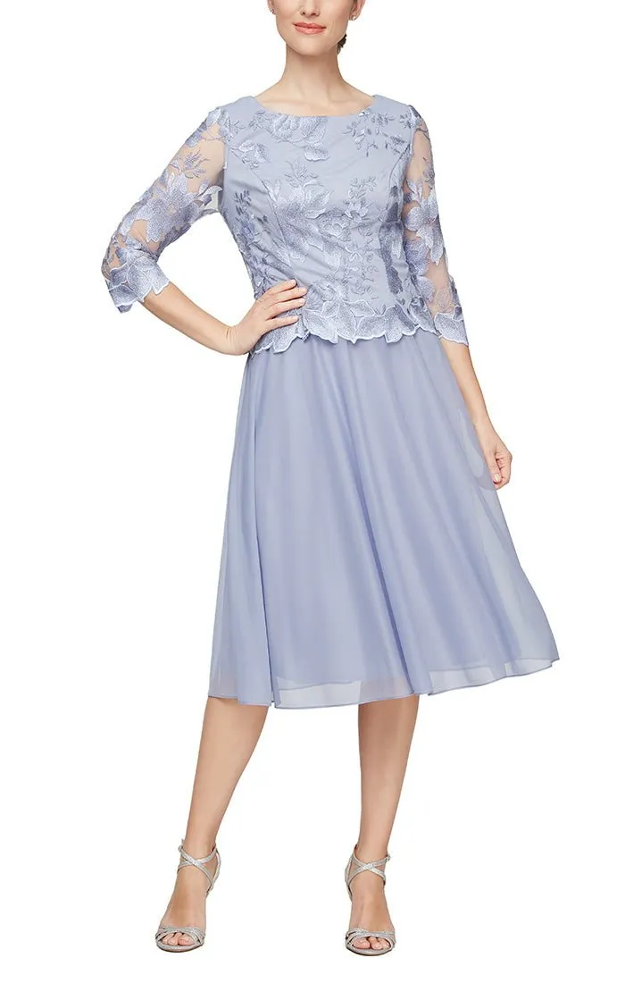 Tea-Length Embroidered Dress with Illusion Sleeves, Scallop Detail and Full Skirt sold by Alex Evenings