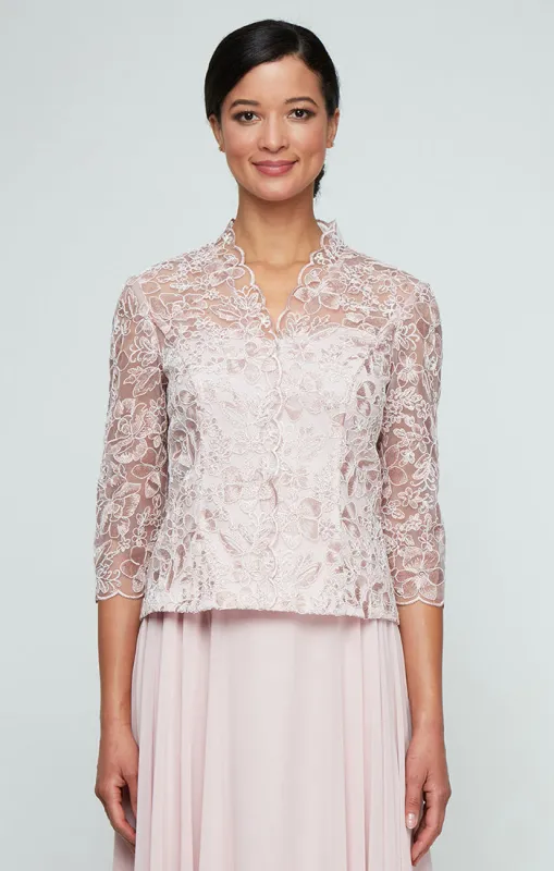 Petite - 3/4 Sleeve Corded Embroiderey Blouse with Center Front Scallop Detail and Illusion Sleeves sold by Alex Evenings