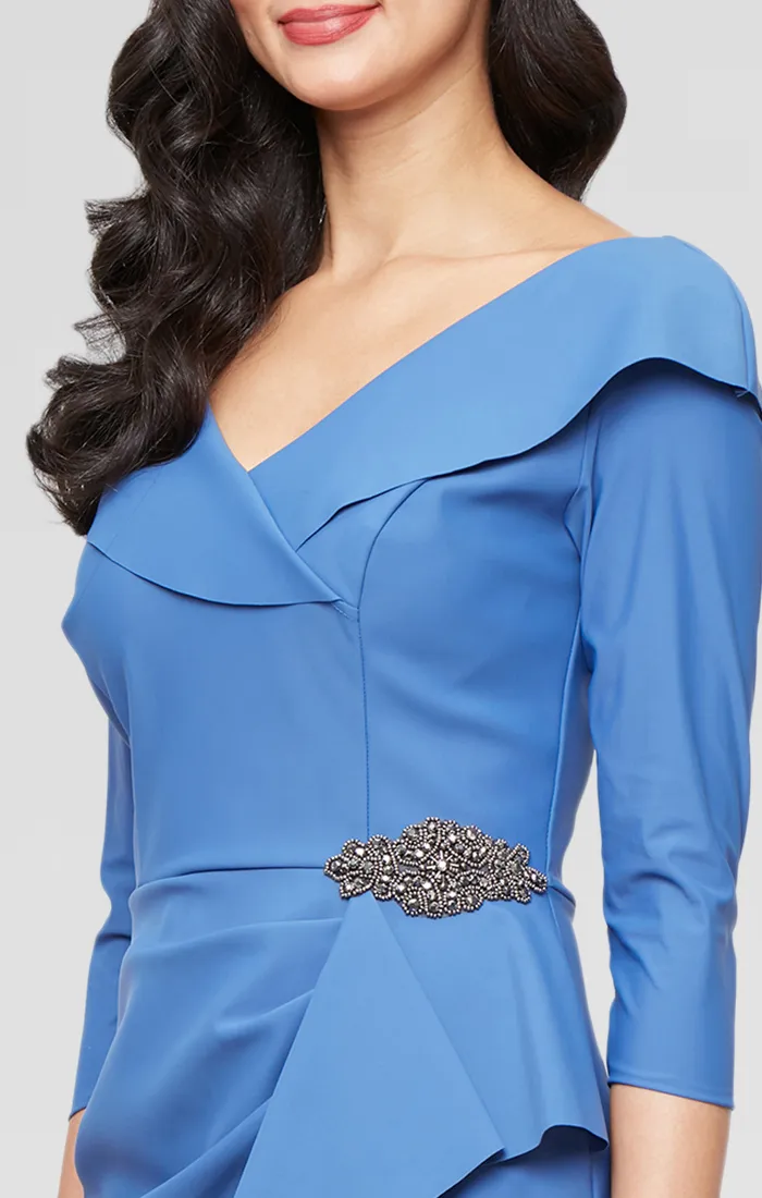 Short Contour Sheath Dress with Portrait Collar Neckline, Beaded Hip Detail and Cascade Skirt sold by Alex Evenings product image thumbnail 3