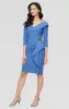 Short Contour Sheath Dress with Portrait Collar Neckline, Beaded Hip Detail and Cascade Skirt sold by Alex Evenings