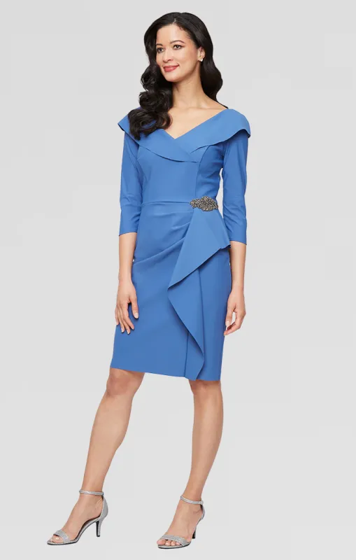 Short Contour Sheath Dress with Portrait Collar Neckline, Beaded Hip Detail and Cascade Skirt sold by Alex Evenings