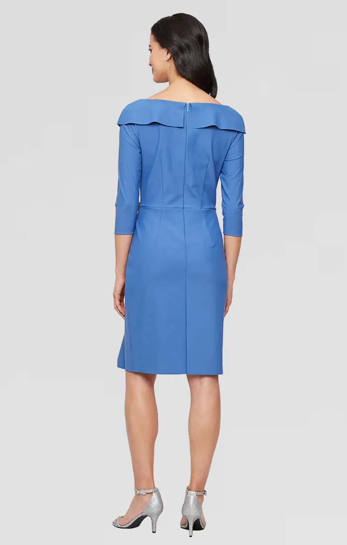 Short Contour Sheath Dress with Portrait Collar Neckline, Beaded Hip Detail and Cascade Skirt sold by Alex Evenings product image thumbnail 2