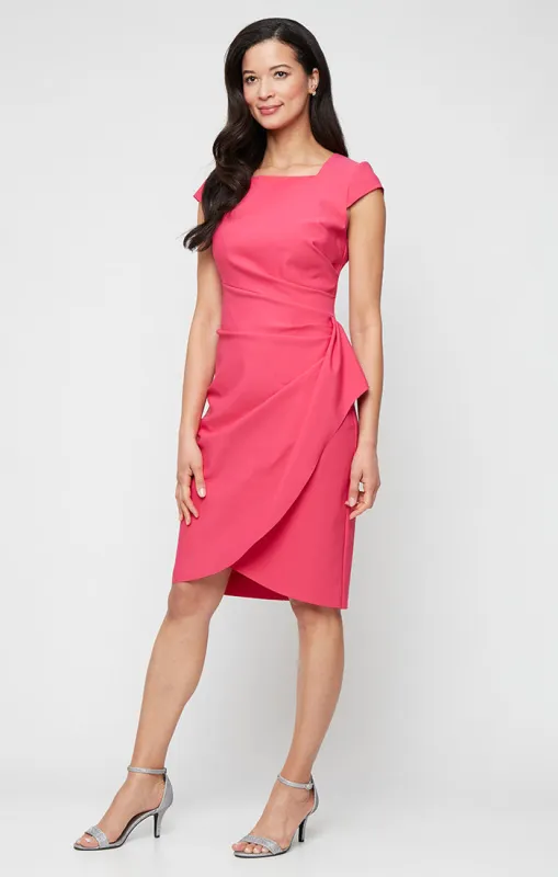 Short Contour Collection Sheath Dress with Square Neckline and Tulip Overlay Skirt sold by Alex Evenings