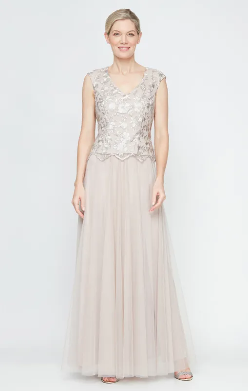 Regular - Long V-Neck Embroidered Stretch Tulle Gown sold by Alex Evenings