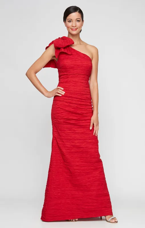 Long One Shoulder Dress with Bow Shoulder Detail sold by Alex Evenings
