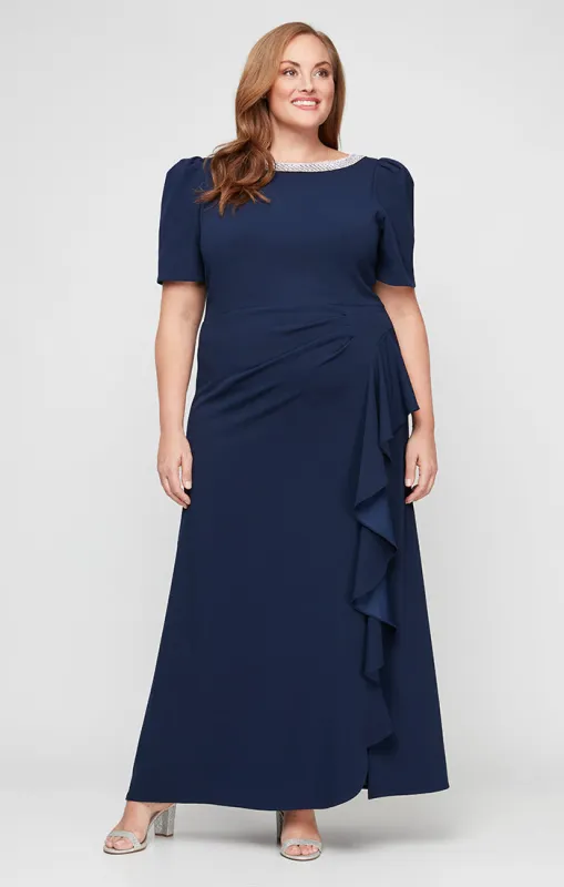 Plus Embellished Stretch Crepe Dress with Elbow Sleeves and Cascade Detail Skirt sold by Alex Evenings