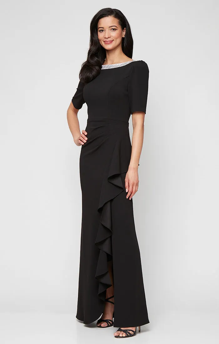 Plus Embellished Stretch Crepe Dress with Elbow Sleeves and Cascade Detail Skirt sold by Alex Evenings product image thumbnail 3