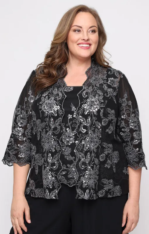 Plus 3/4 Sleeve Embroidered Twinset with Scoop Neck Tank, Open Jacket and Scallop Detail sold by Alex Evenings