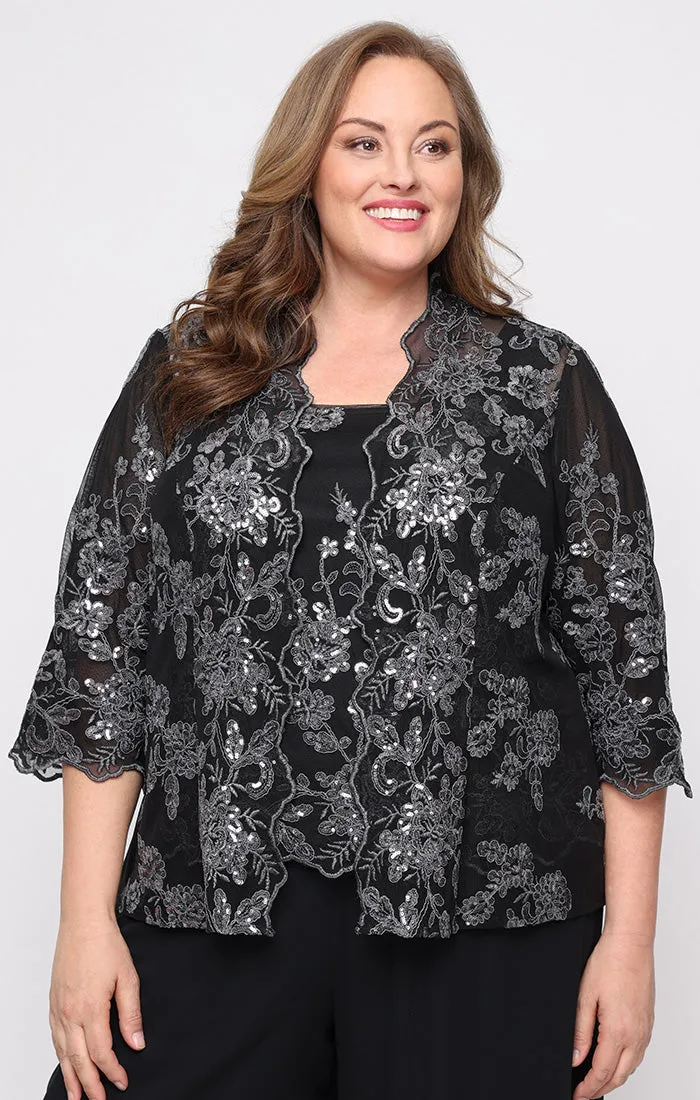 Plus 3/4 Sleeve Embroidered Twinset with Scoop Neck Tank, Open Jacket and Scallop Detail sold by Alex Evenings