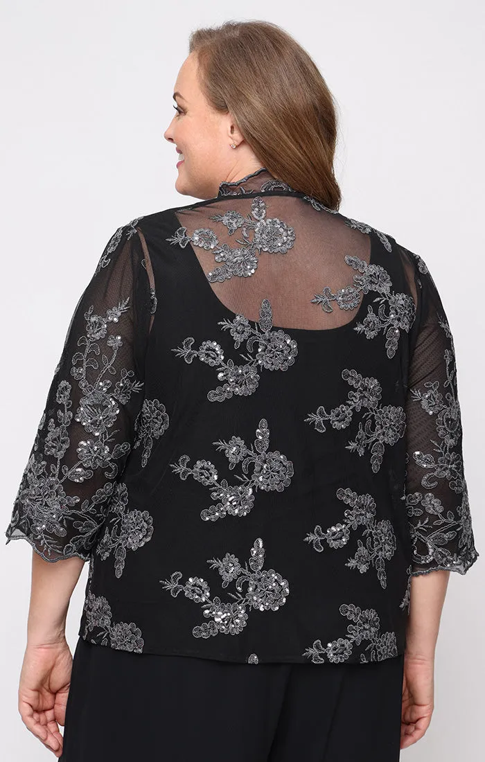 Plus 3/4 Sleeve Embroidered Twinset with Scoop Neck Tank, Open Jacket and Scallop Detail sold by Alex Evenings product image thumbnail 3