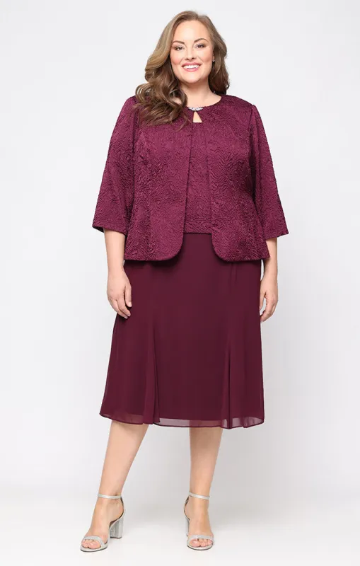 Plus Tea Length Textured Jacquard Mock Jacket Dress with Scoop Neck Bodice, Full Skirt and Decorative Hook Neck Closure Jacket sold by Alex Evenings