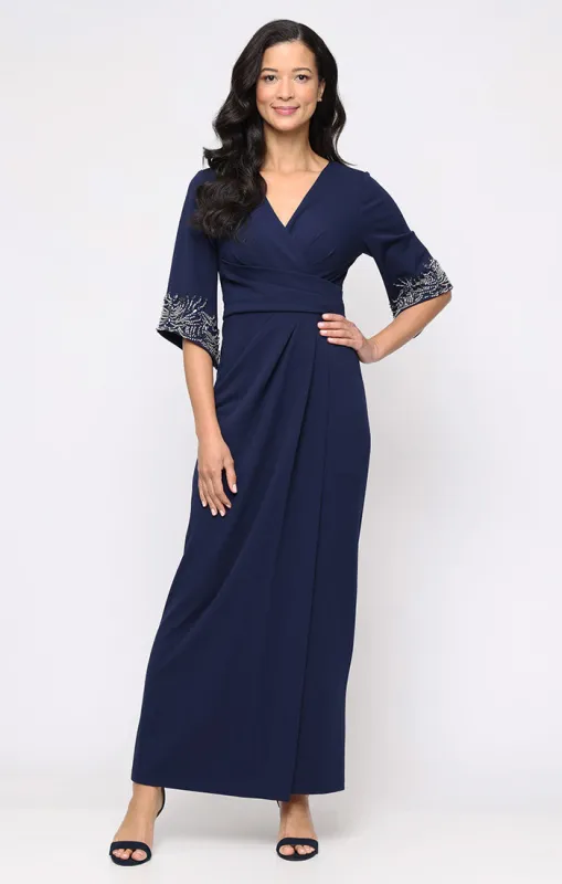 Long Stretch Crepe Column Dress with Surplice Neckline, Gathered Waist Detail and Heat Set Sleeves sold by Alex Evenings